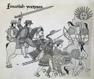 Lucha entre los españoles y los aztecas, lámina de 